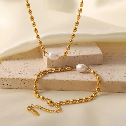 Pearl and Gold Chain Jewelry Set with Necklace and Bracelet - Velora Luxury Fashion