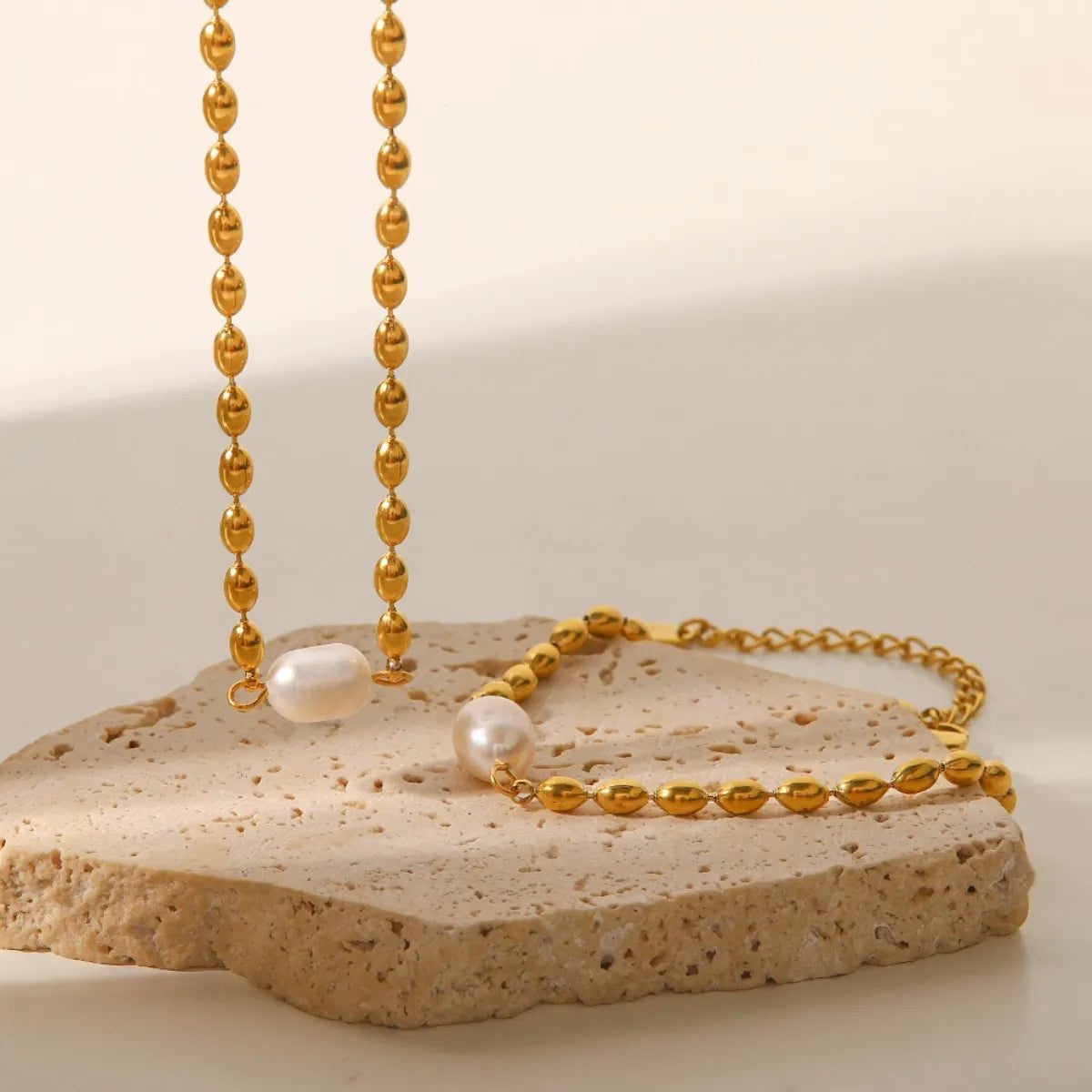 Pearl and Gold Chain Jewelry Set with Necklace and Bracelet - Velora Luxury Fashion