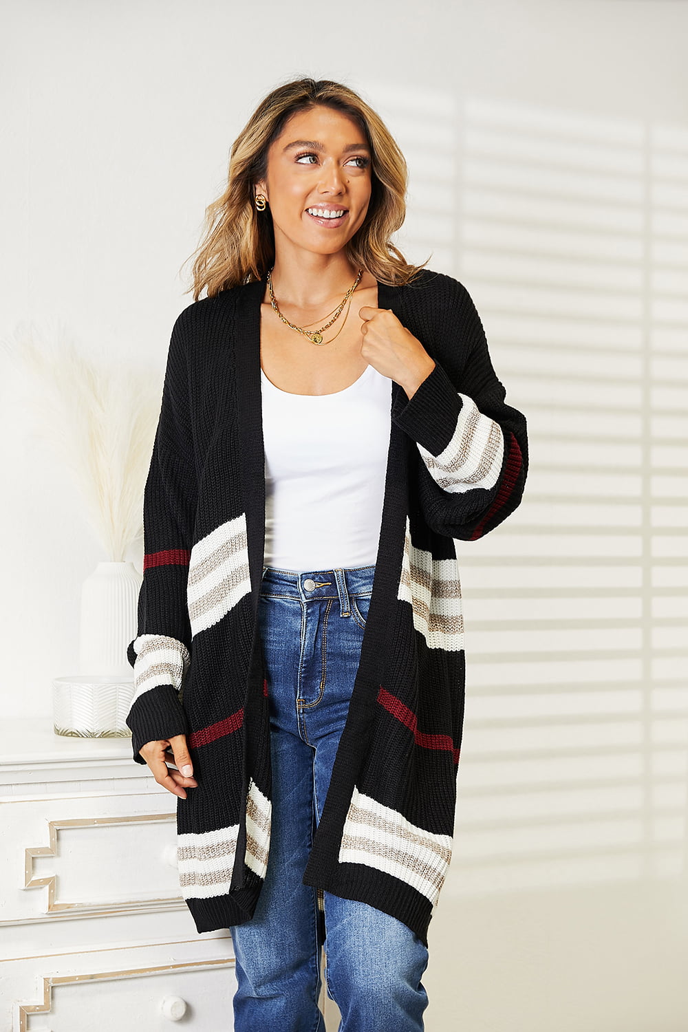 Perfee Striped Rib-Knit Drop Shoulder Open Front Cardigan - Velora Luxury Fashion