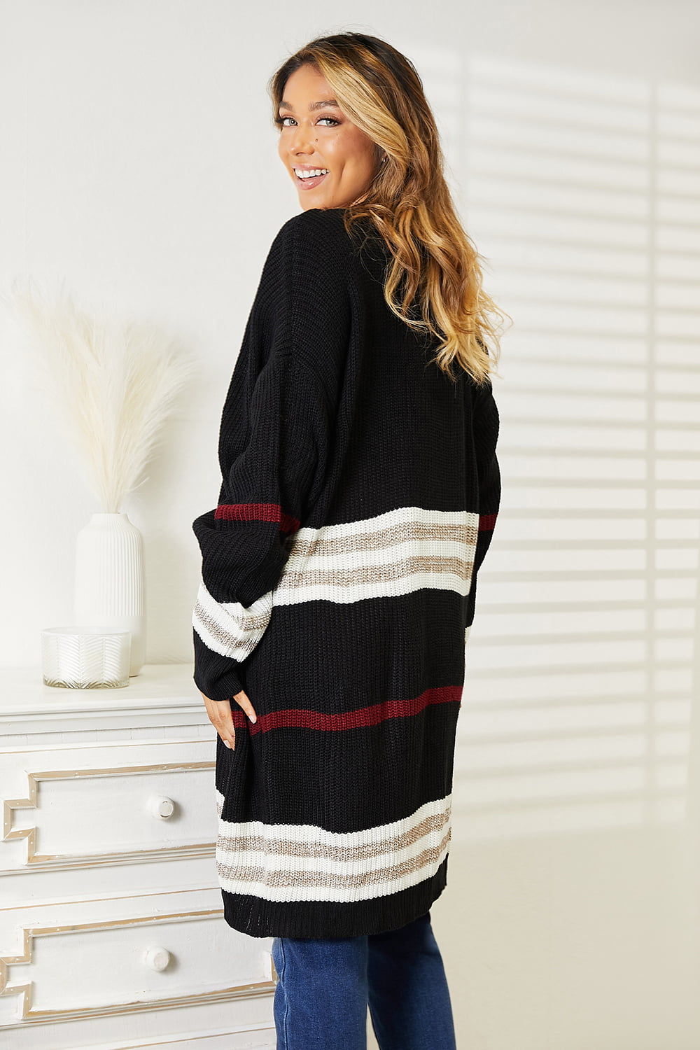 Perfee Striped Rib-Knit Drop Shoulder Open Front Cardigan - Velora Luxury Fashion