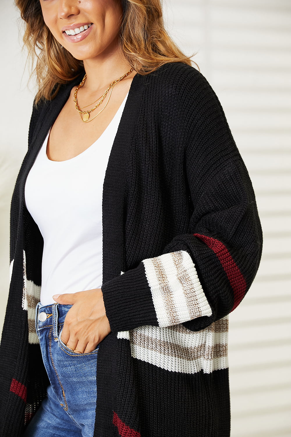 Perfee Striped Rib-Knit Drop Shoulder Open Front Cardigan - Velora Luxury Fashion