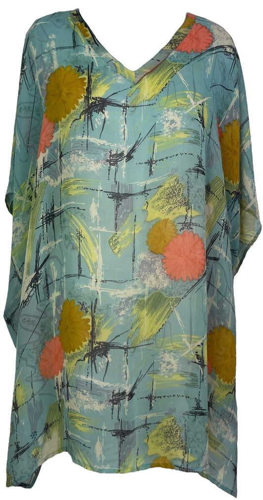 PRG7709 Sheer Avatar Pure Silk Short Kaftan Tunic with Slits - Velora