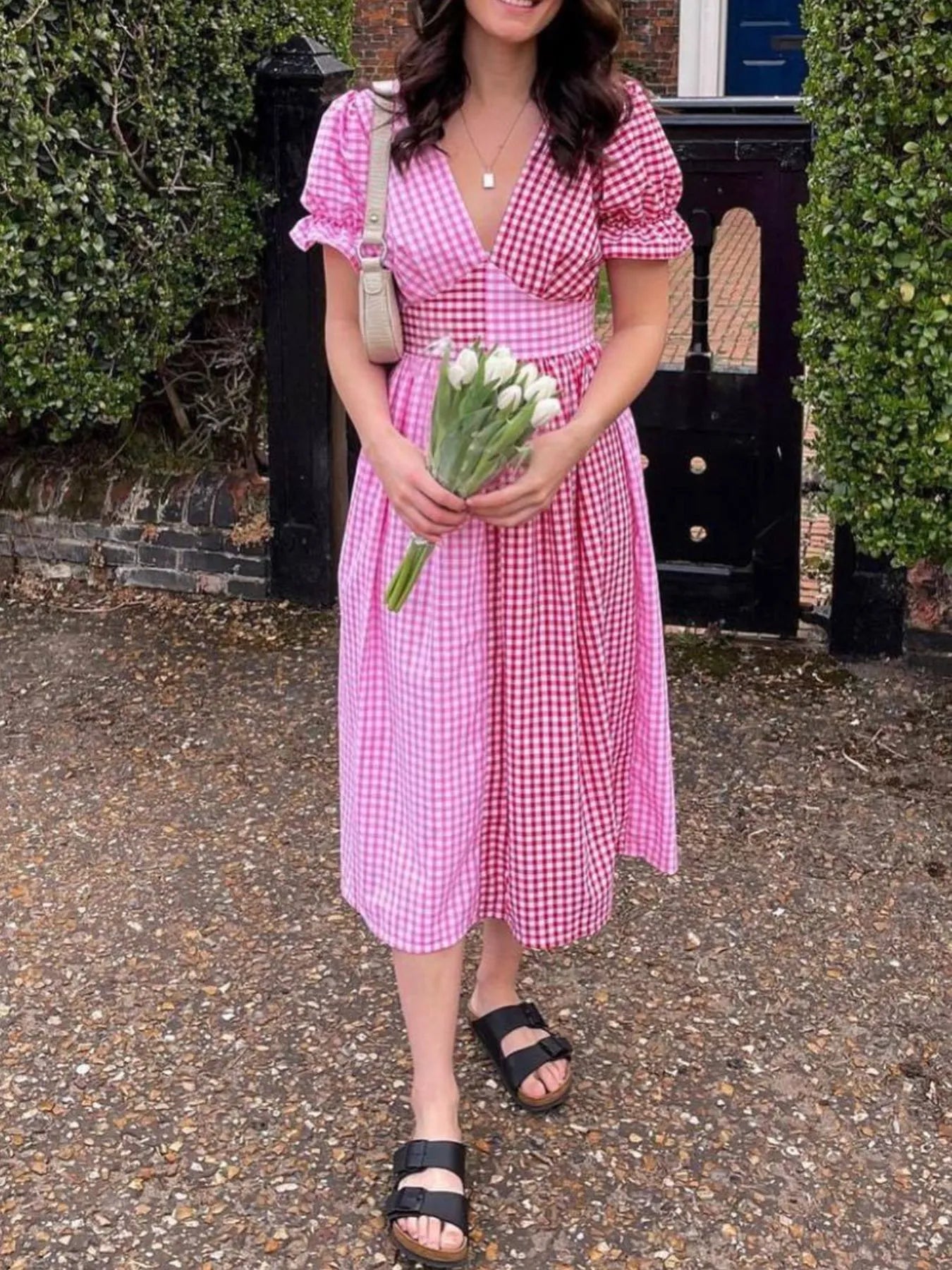 Plaid V-Neck Puff Sleeve Dress - Velora Luxury Fashion