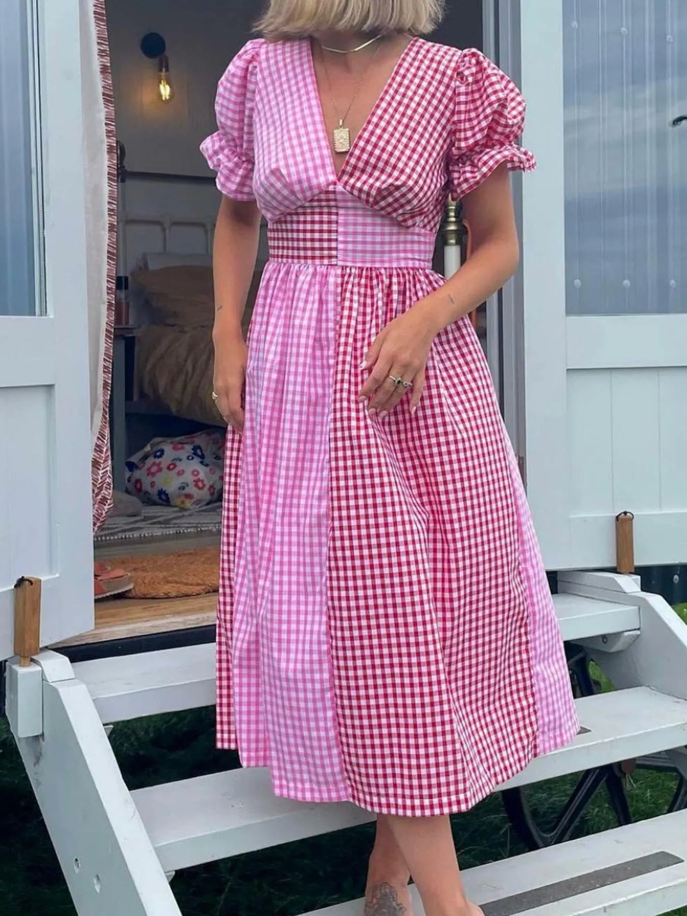 Plaid V-Neck Puff Sleeve Dress - Velora Luxury Fashion