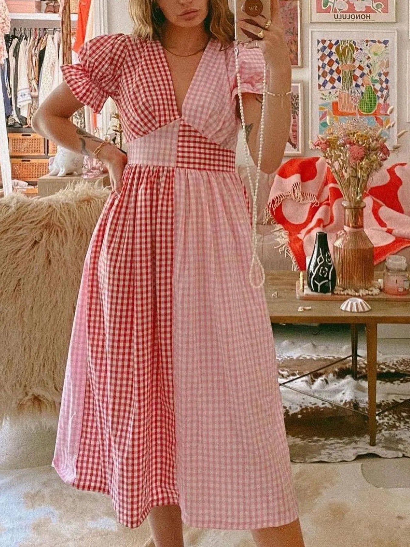 Plaid V-Neck Puff Sleeve Dress - Velora Luxury Fashion