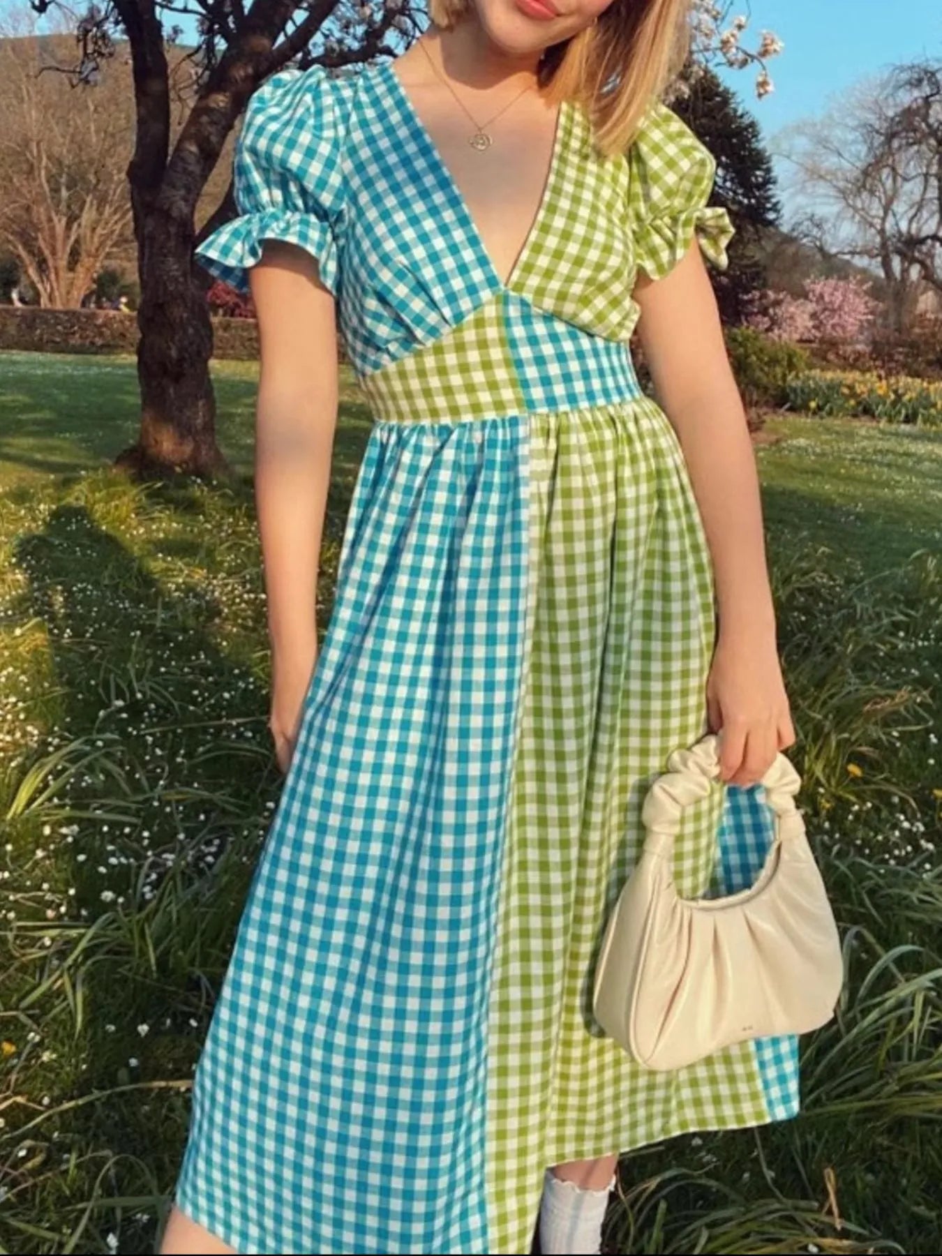 Plaid V-Neck Puff Sleeve Dress - Velora Luxury Fashion