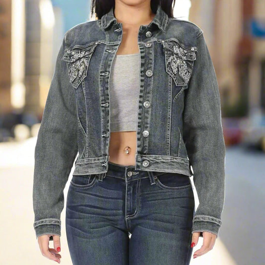 Platinum Plush Women's Motorcycle Graphic Jean Jacket - Velora Luxury Fashion