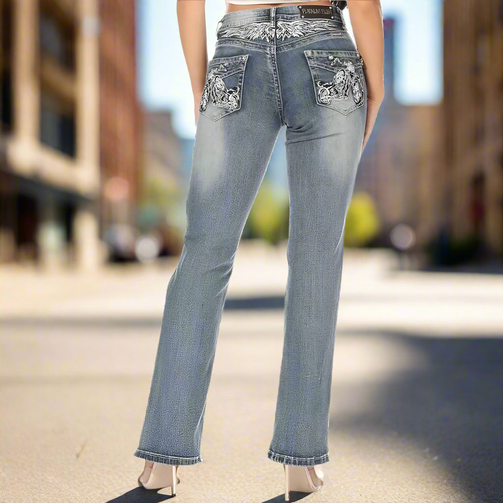 Platinum Plush Women's Rhinestone Motorcycle Bootcut Jeans - Velora Luxury Fashion