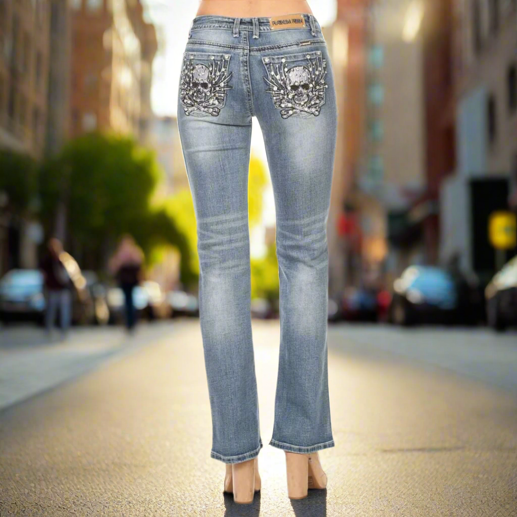 Platinum Plush Women's Rhinestone Skull & Bones Bootcut Jeans - Velora Luxury Fashion