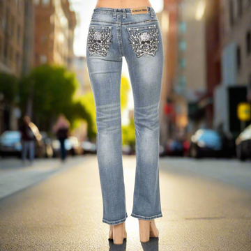 Platinum Plush Women's Rhinestone Skull & Bones Bootcut Jeans - Velora Luxury Fashion