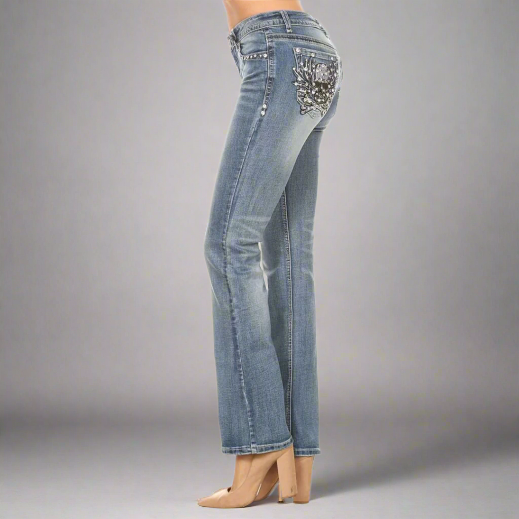 Platinum Plush Women's Rhinestone Skull & Bones Bootcut Jeans - Velora Luxury Fashion