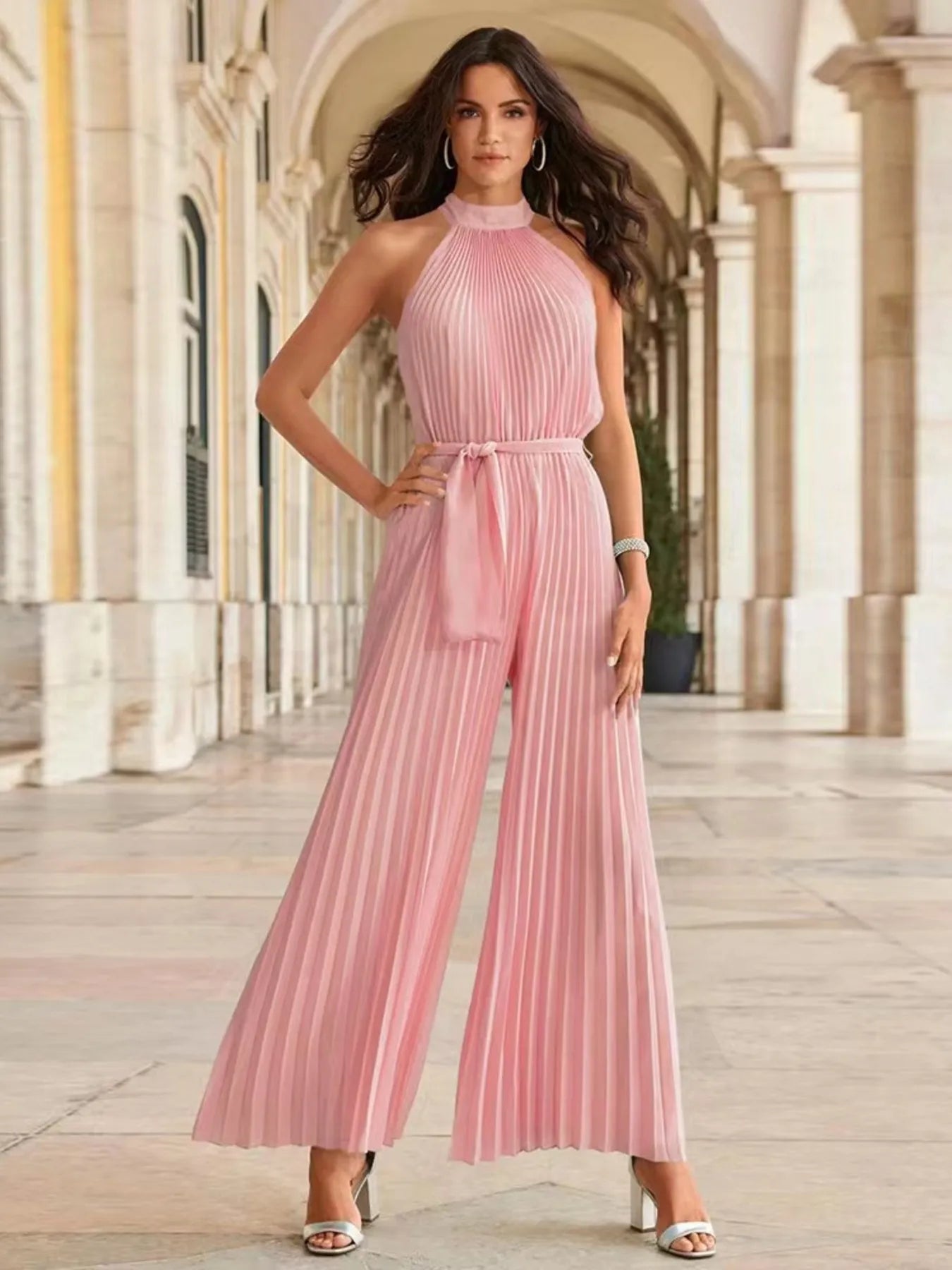 Pleated Sleeveless Wide Leg Jumpsuit - Velora Luxury Fashion