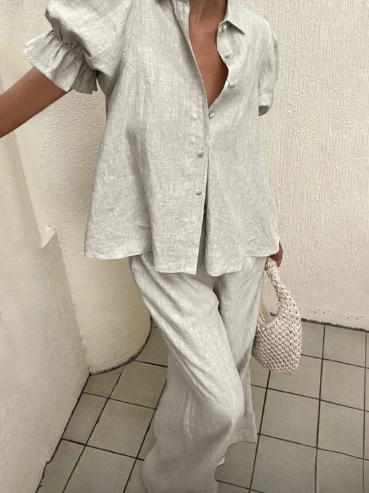 Plus Size Button-Down Shirt and Wide-Leg Pants Set - Velora Luxury Fashion