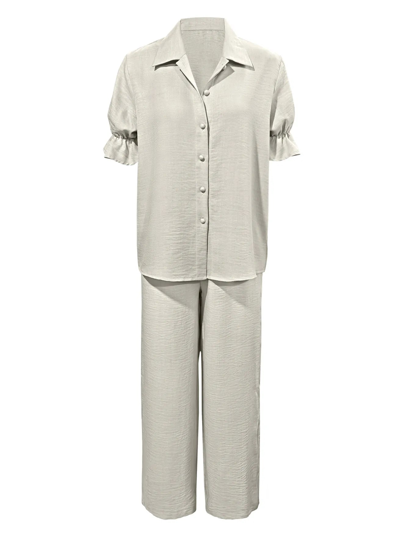 Plus Size Button-Down Shirt and Wide-Leg Pants Set - Velora Luxury Fashion