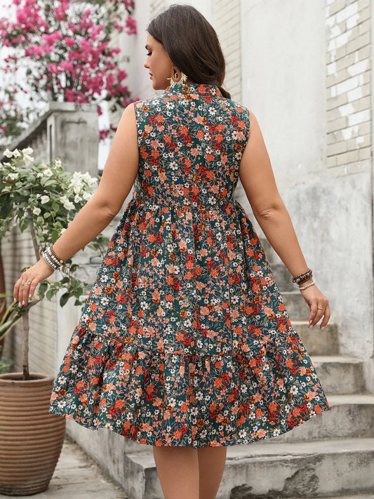 Plus Size Floral Notched Sleeveless Dress - Velora Luxury Fashion
