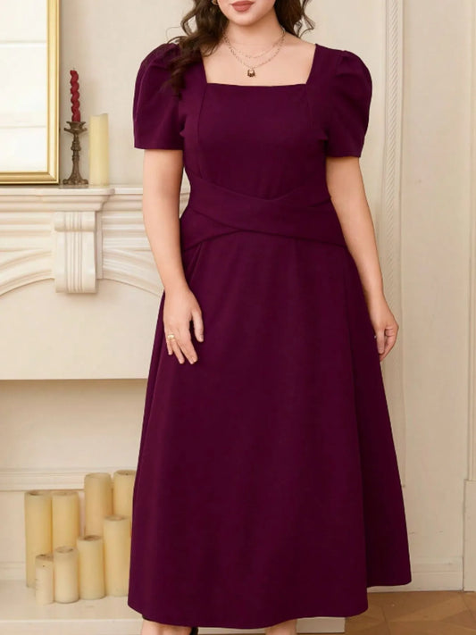 Plus Size Square Neck Puff Sleeve Midi Dress - Velora Luxury Fashion