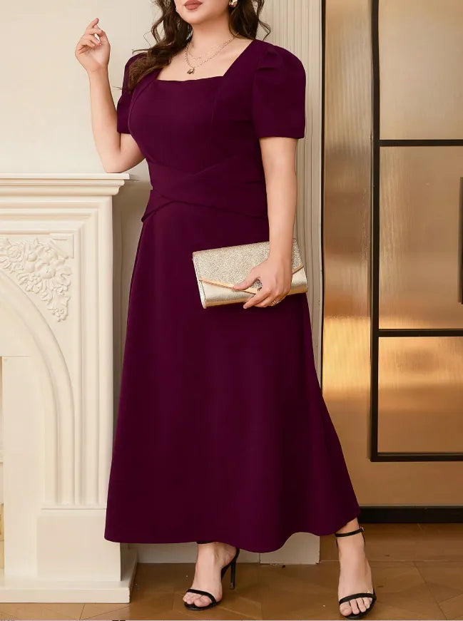Plus Size Square Neck Puff Sleeve Midi Dress - Velora Luxury Fashion