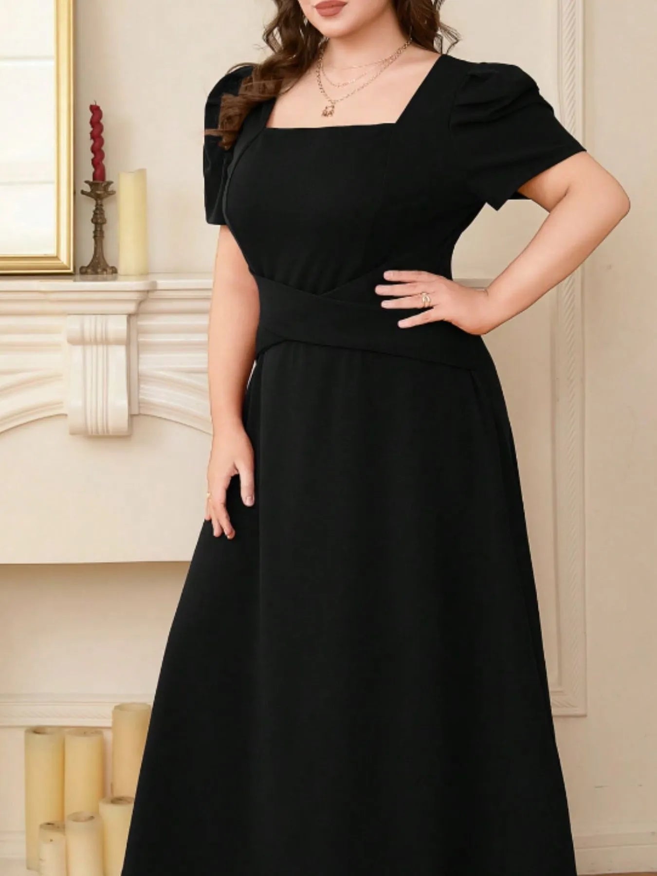 Plus Size Square Neck Puff Sleeve Midi Dress - Velora Luxury Fashion