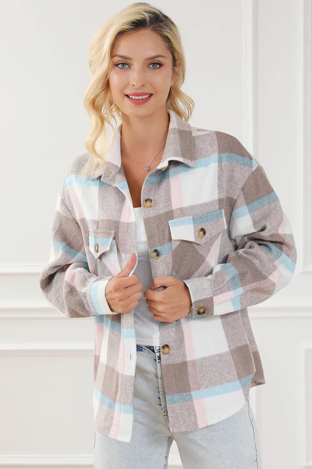 Pocketed Plaid Collared Neck Jacket - Velora Luxury Fashion