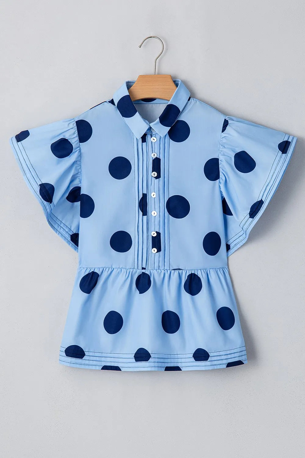 Polka Dot Print Ruffled Short Sleeve Buttoned Collared Blouse - Velora Luxury Fashion