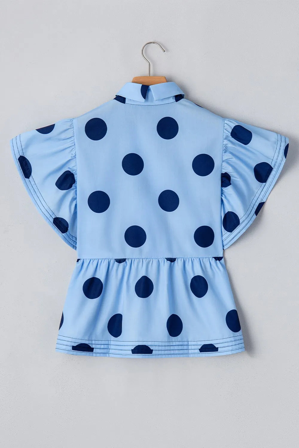 Polka Dot Print Ruffled Short Sleeve Buttoned Collared Blouse - Velora Luxury Fashion