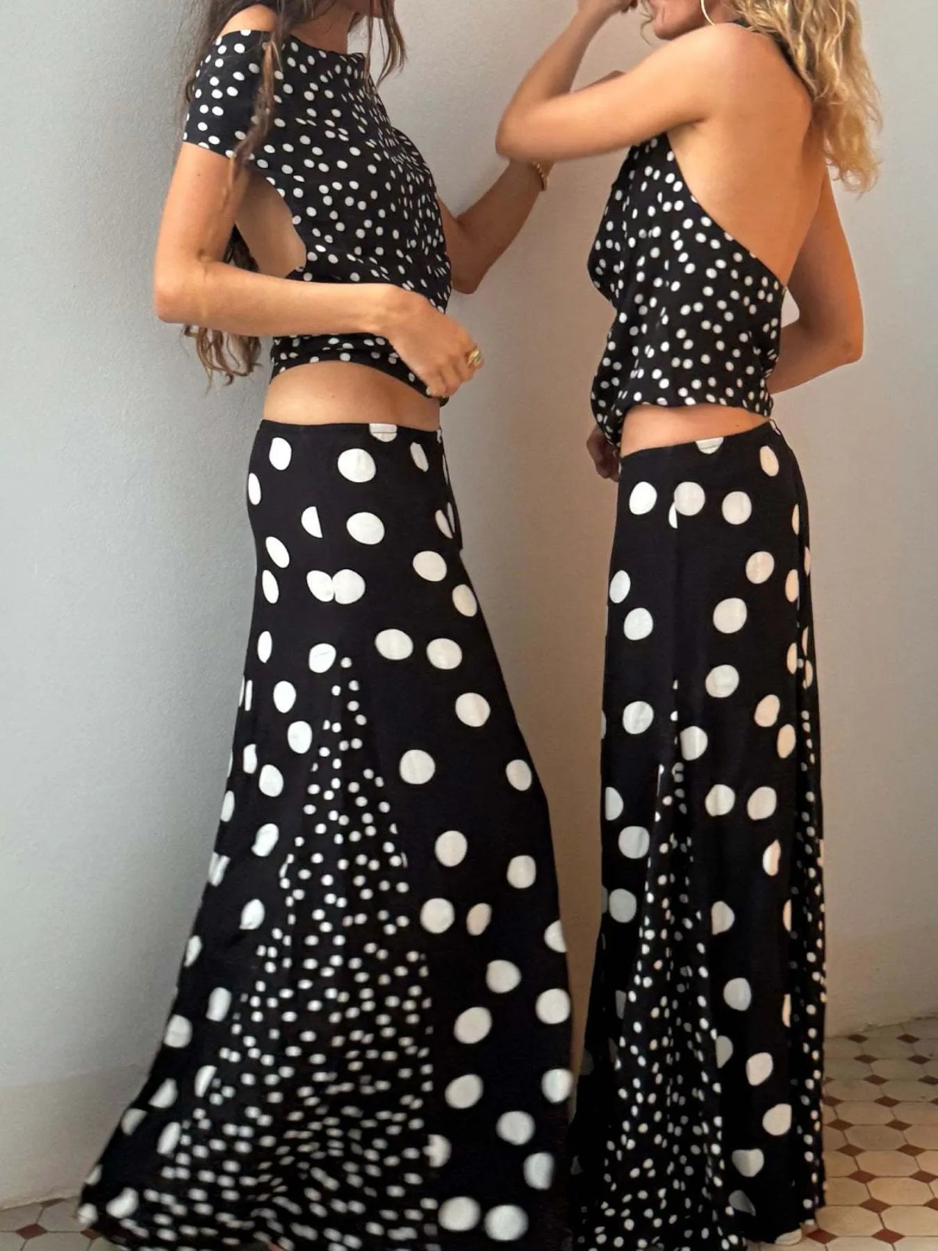Polka Dot Top and Maxi Skirt Set - Velora Luxury Fashion