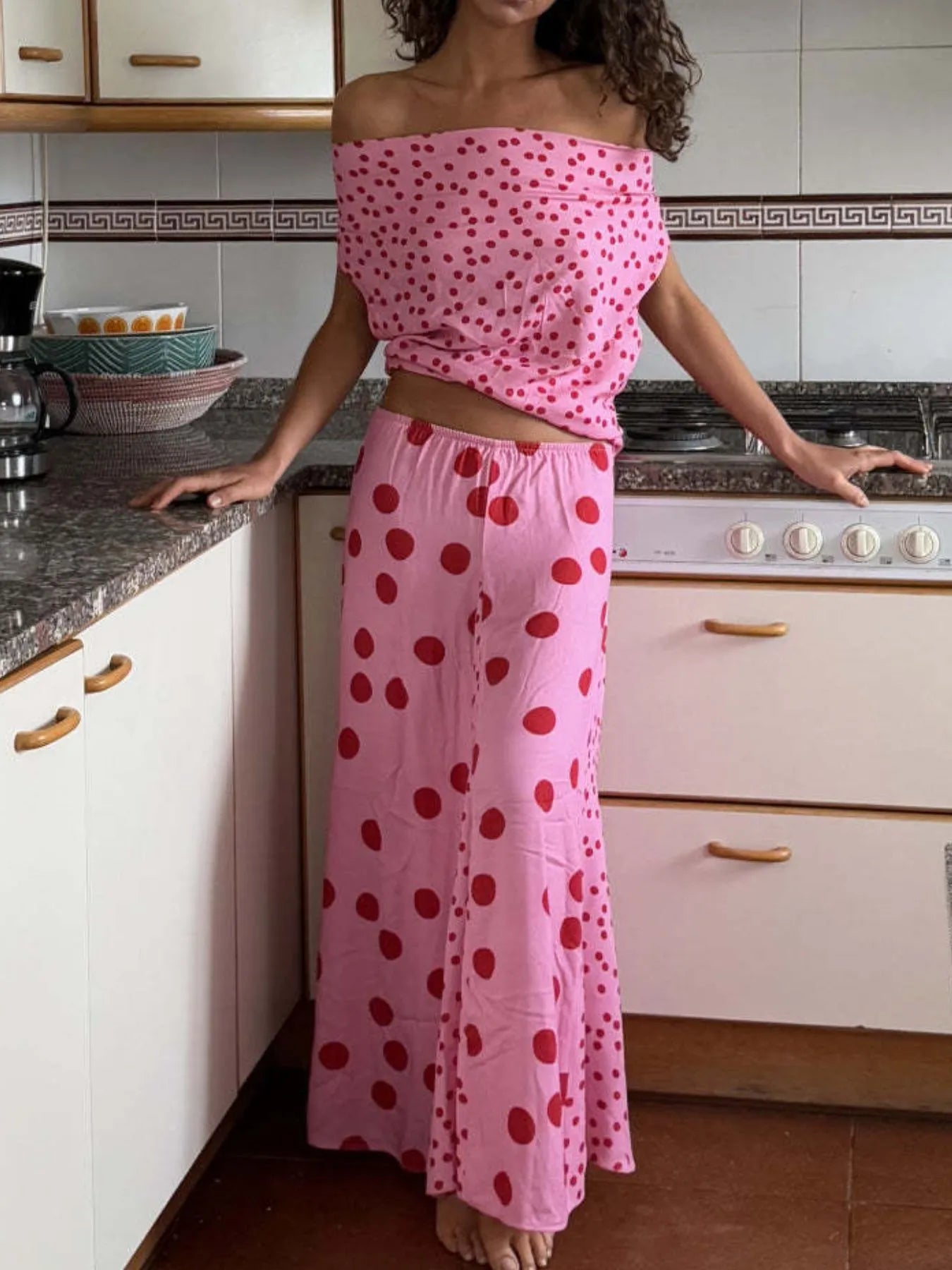 Polka Dot Top and Maxi Skirt Set - Velora Luxury Fashion