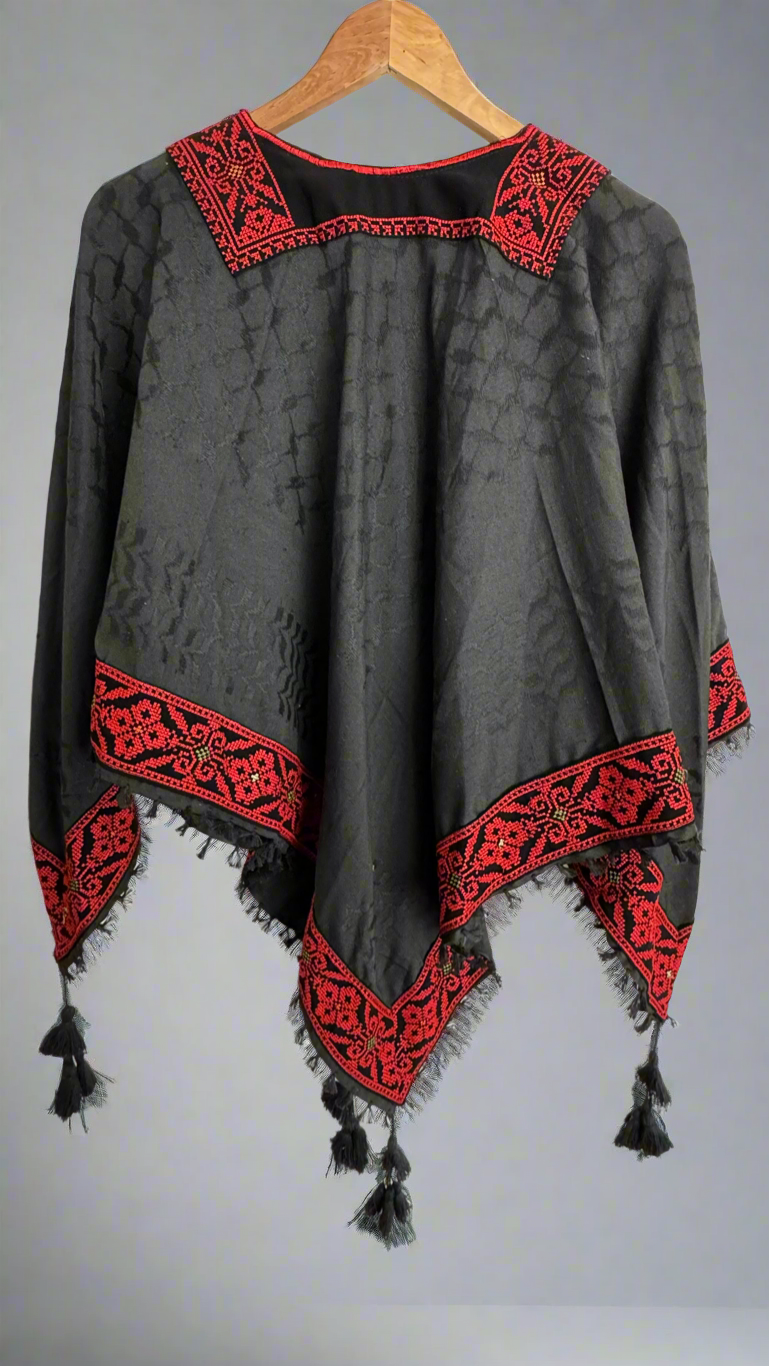 Poncho of Palestine | All Black Kufiya (Keffiyeh) - Tatreez – Made in Jordan - Velora Luxury Fashion