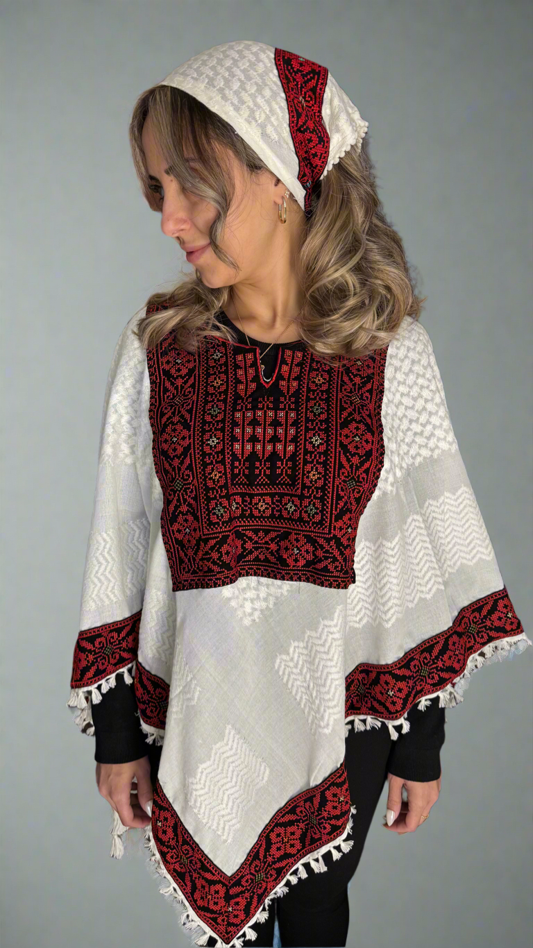 Poncho of Palestine | All White Kufiya (Keffiyeh) - Tatreez – Made in Jordan - Velora Luxury Fashion