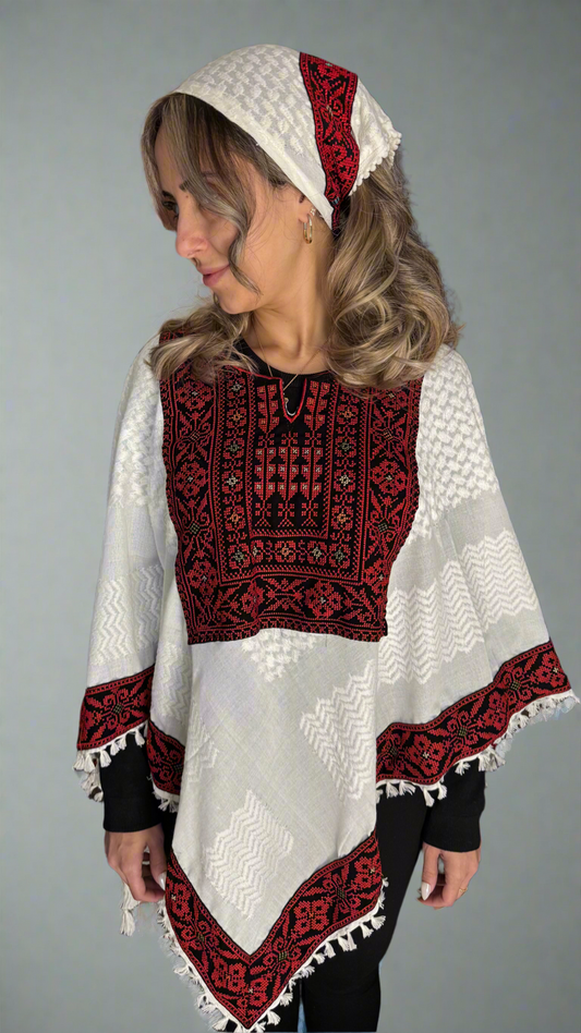 Poncho of Palestine | All White Kufiya (Keffiyeh) - Tatreez – Made in Jordan - Velora Luxury Fashion