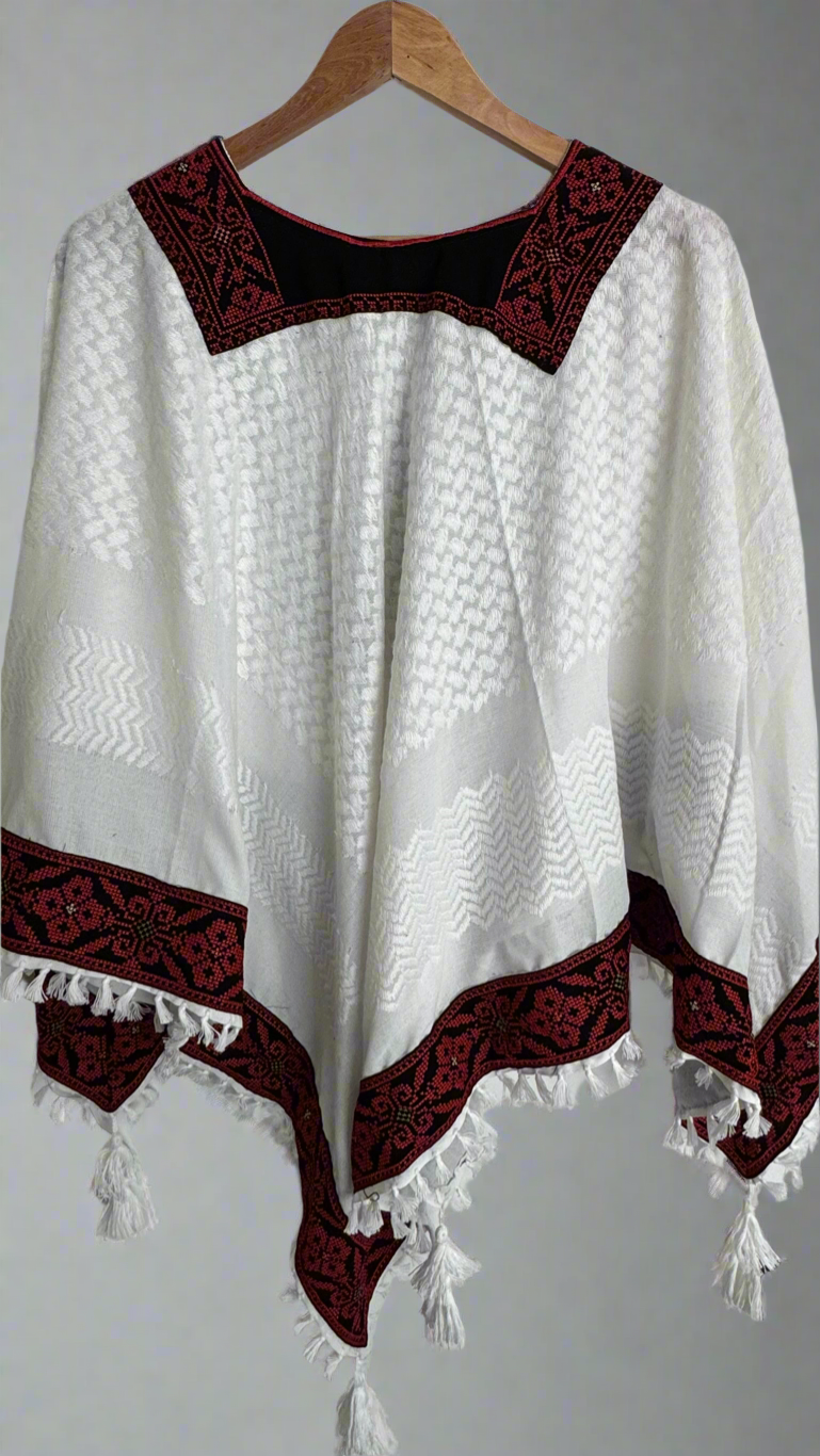 Poncho of Palestine | All White Kufiya (Keffiyeh) - Tatreez – Made in Jordan - Velora Luxury Fashion