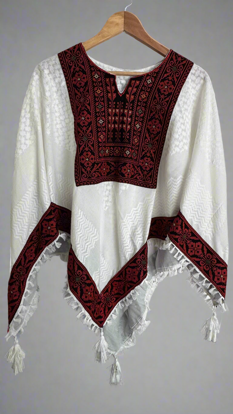 Poncho of Palestine | All White Kufiya (Keffiyeh) - Tatreez – Made in Jordan - Velora Luxury Fashion