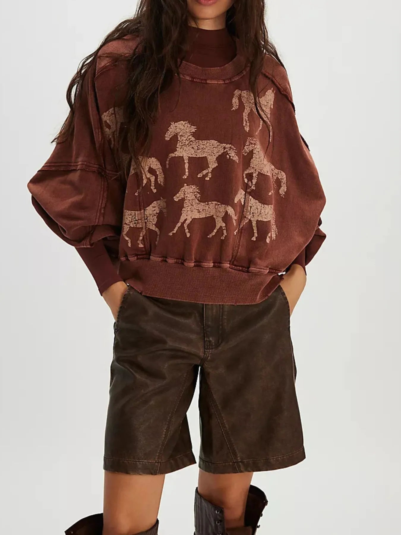 Print Round Neck Oversized Sweatshirt - Velora Luxury Fashion