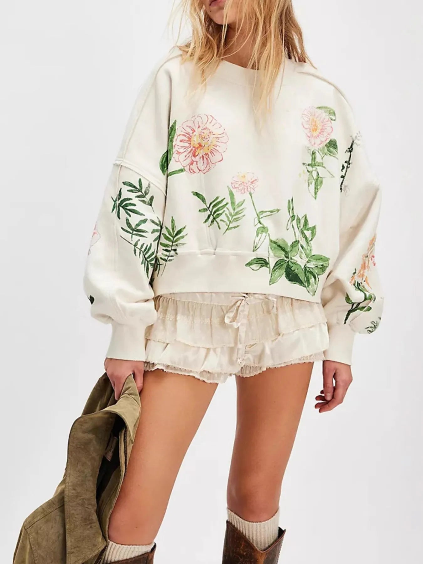 Print Round Neck Oversized Sweatshirt - Velora Luxury Fashion