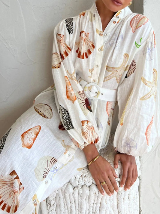 Printed Balloon Sleeve Maxi Shirt Dress - Velora Luxury Fashion