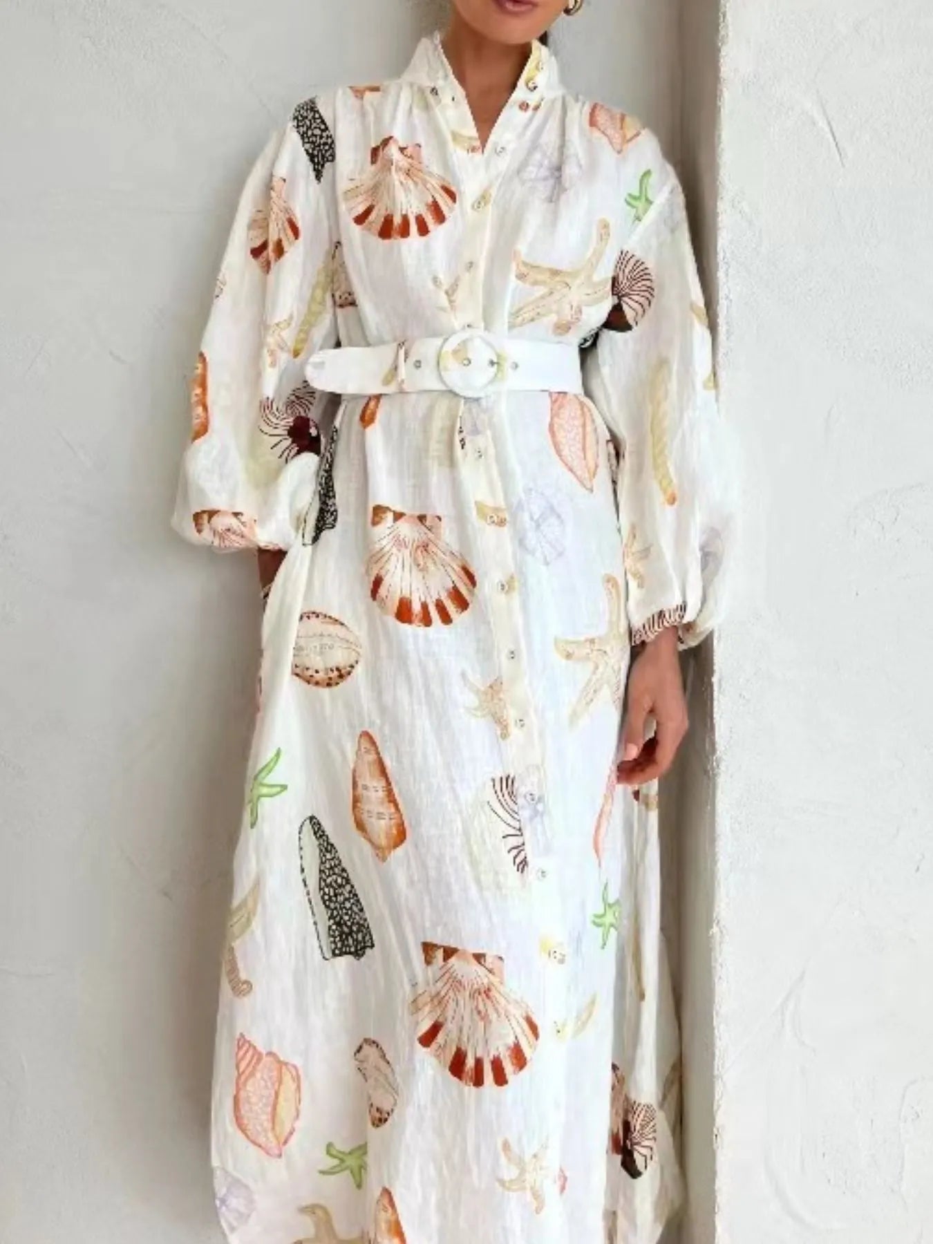 Printed Balloon Sleeve Maxi Shirt Dress - Velora Luxury Fashion