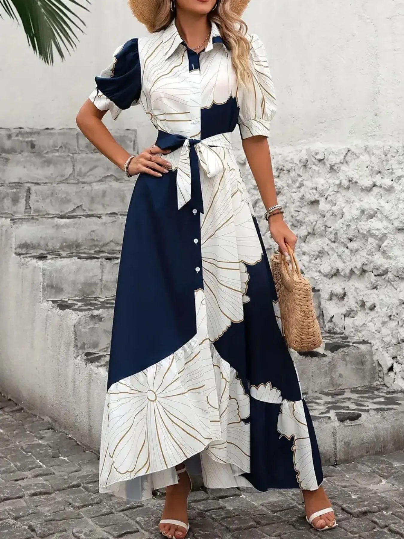 Printed Button Down Half Sleeve Maxi Shirt Dress - Velora Luxury Fashion