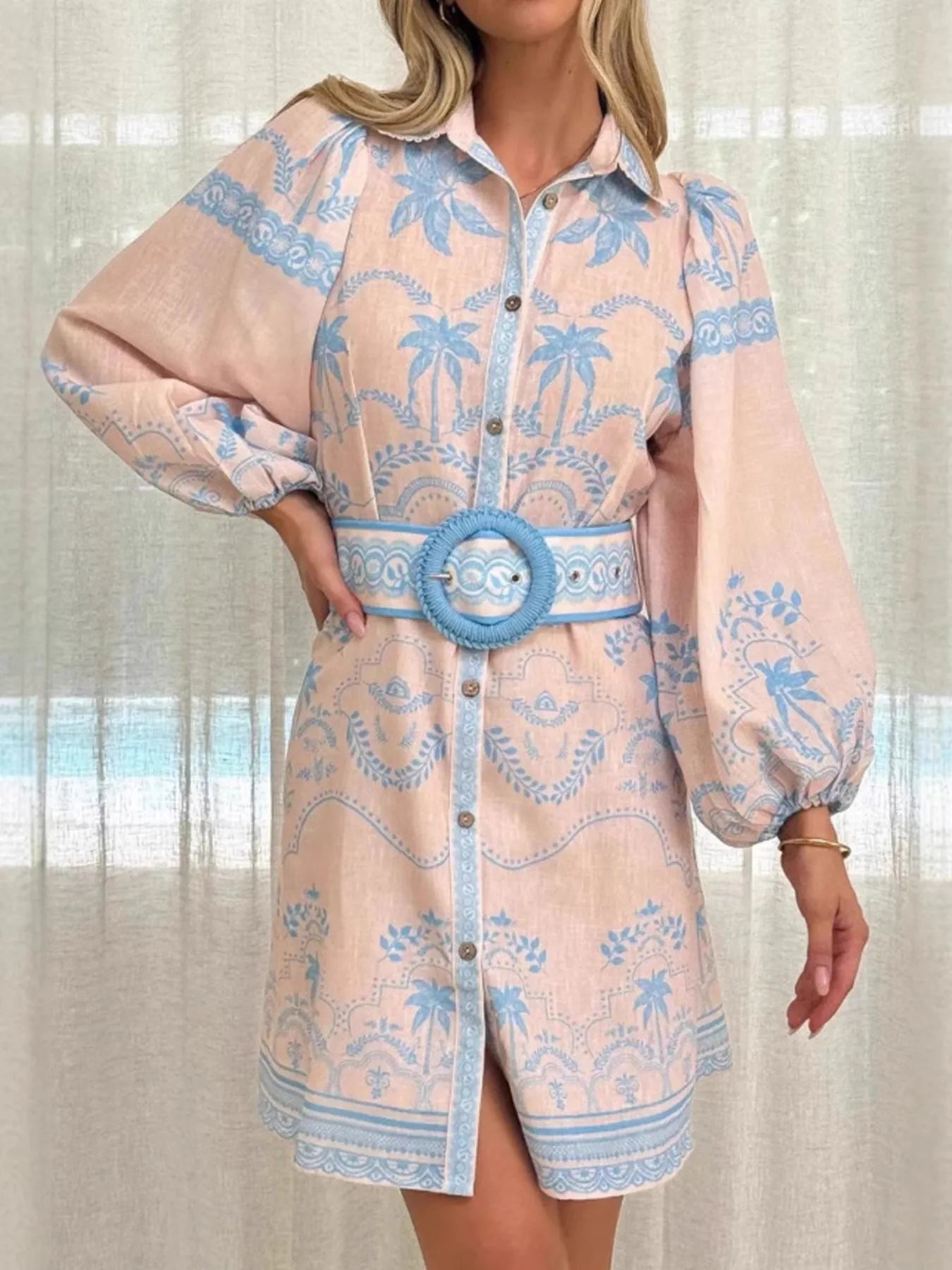 Printed Button Down Shirt Dress with Belt - Velora Luxury Fashion