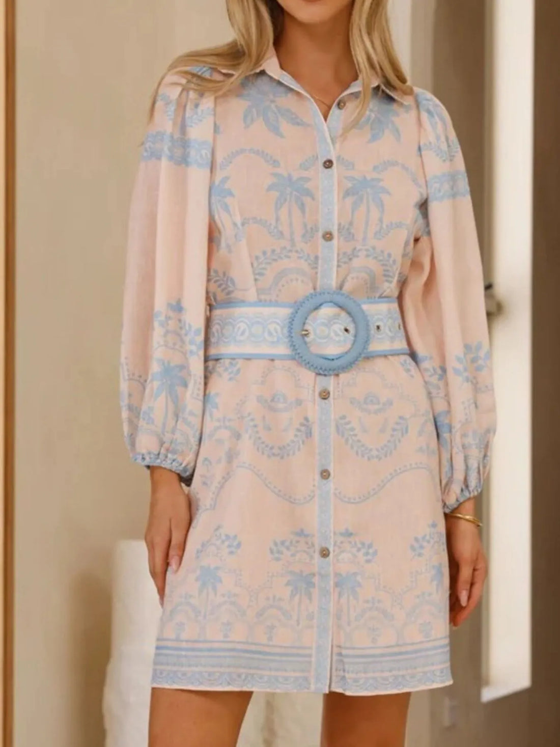 Printed Button Down Shirt Dress with Belt - Velora Luxury Fashion