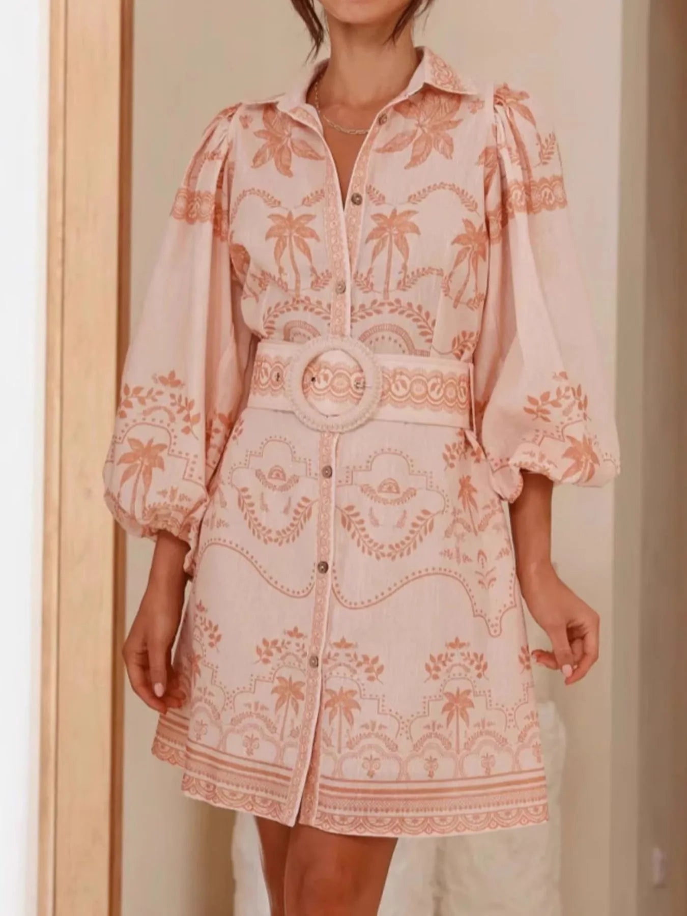 Printed Button Down Shirt Dress with Belt - Velora Luxury Fashion