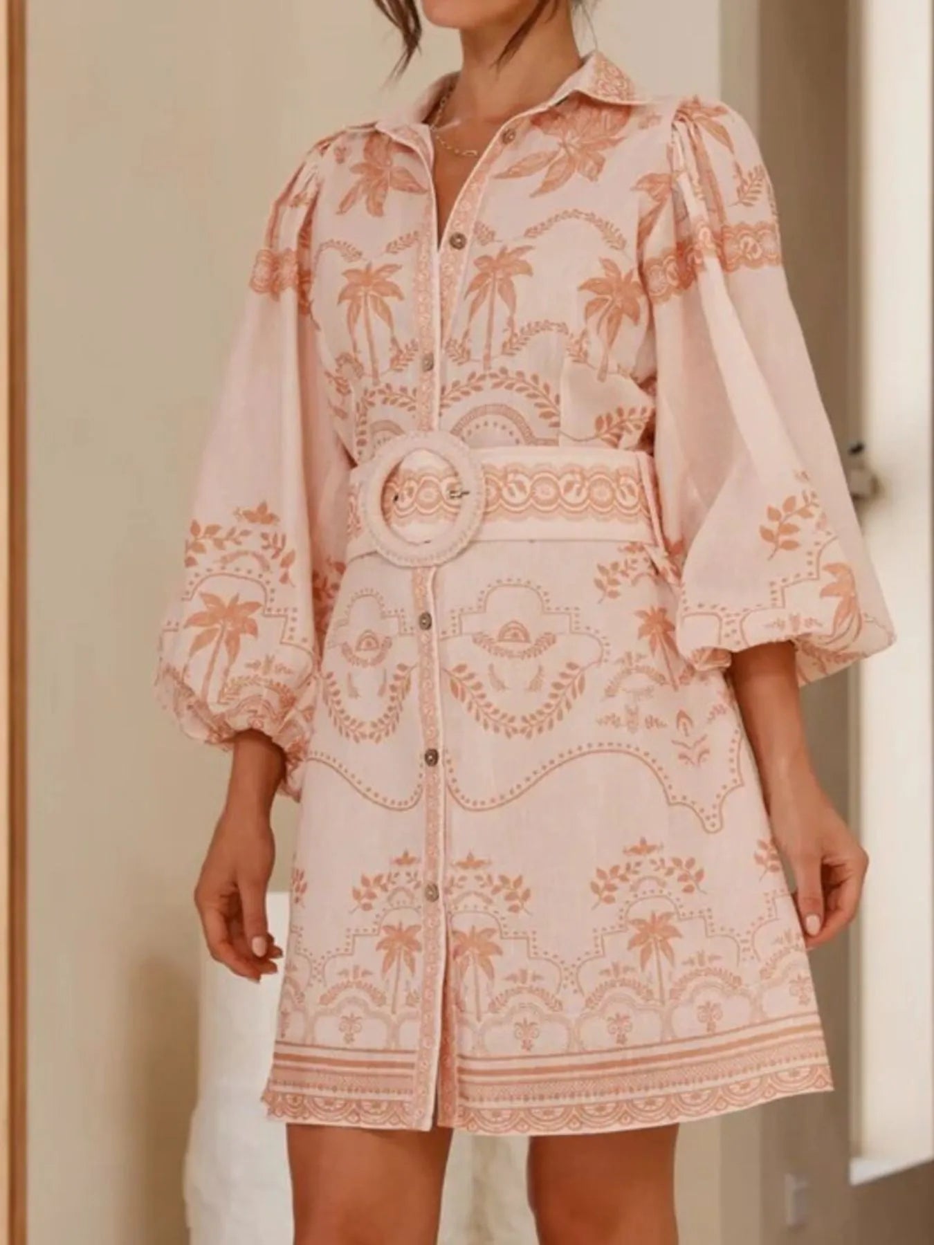 Printed Button Down Shirt Dress with Belt - Velora Luxury Fashion