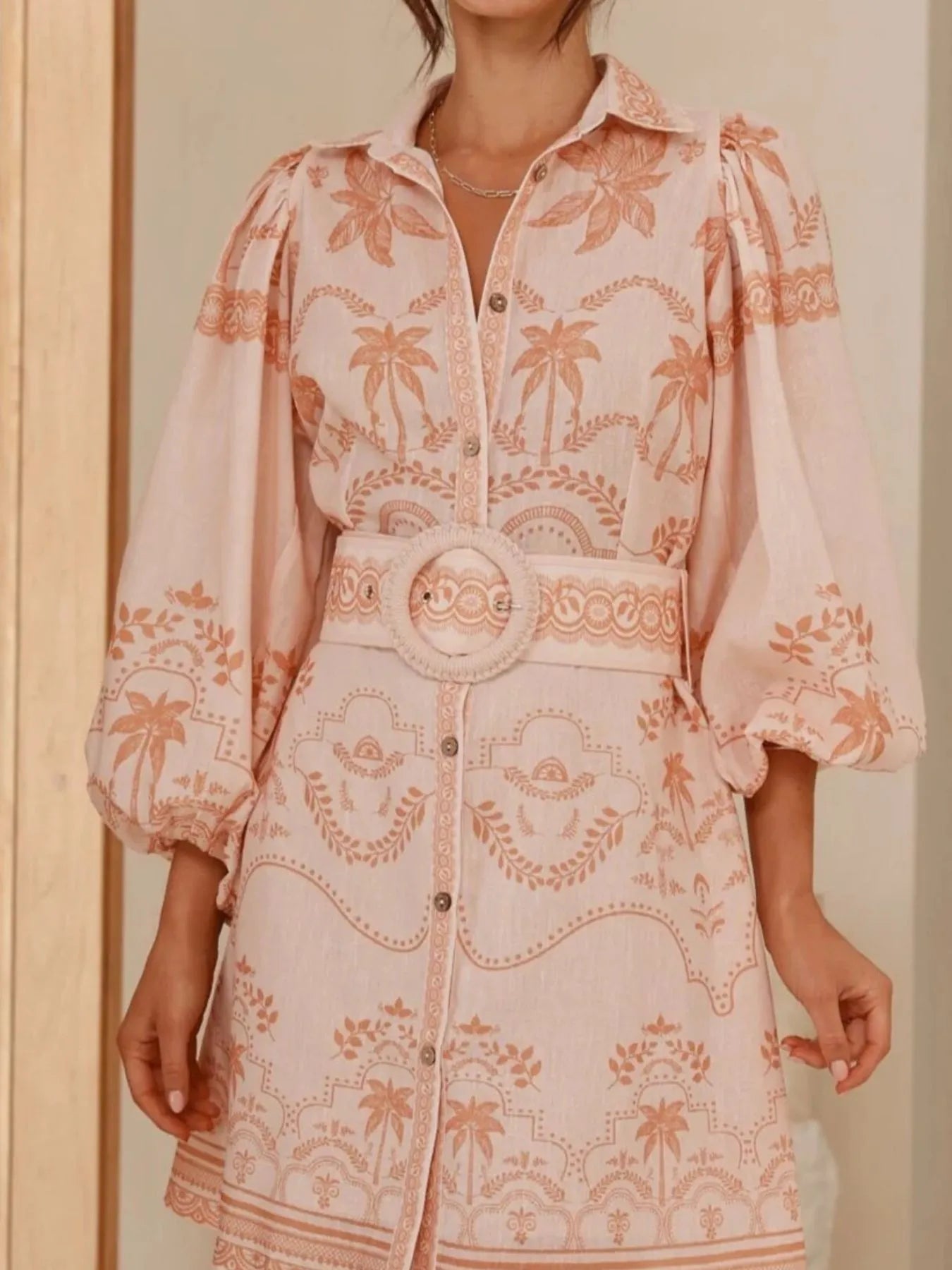 Printed Button Down Shirt Dress with Belt - Velora Luxury Fashion