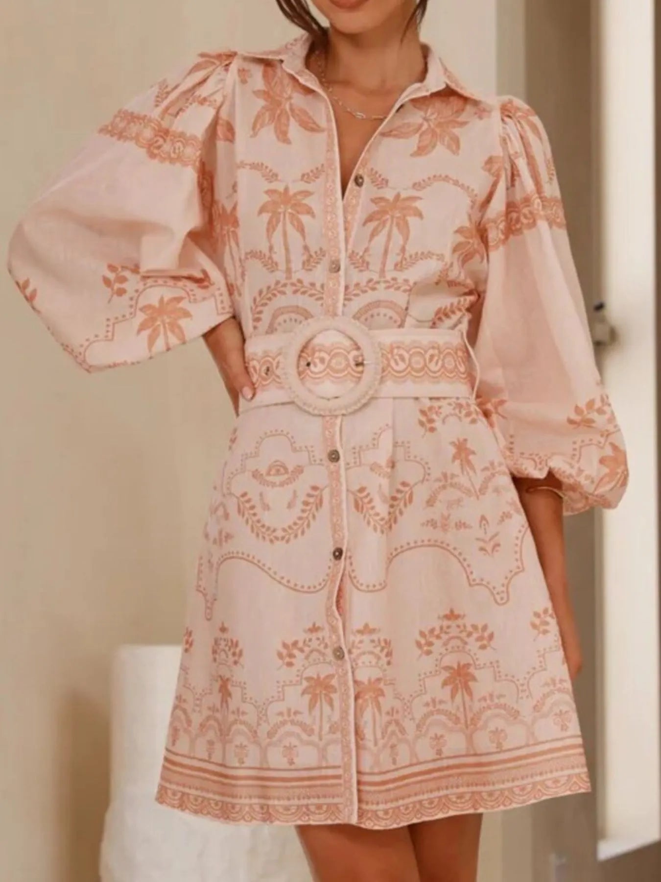 Printed Button Down Shirt Dress with Belt - Velora Luxury Fashion