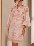 Printed Button Down Shirt Dress with Belt - Velora Luxury Fashion