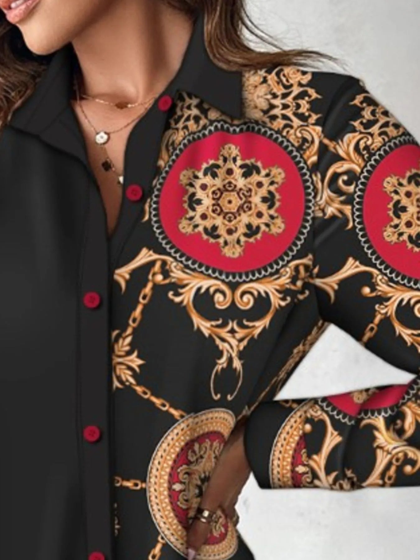 Printed Button Up Long Sleeve Shirt Dress - Velora Luxury Fashion