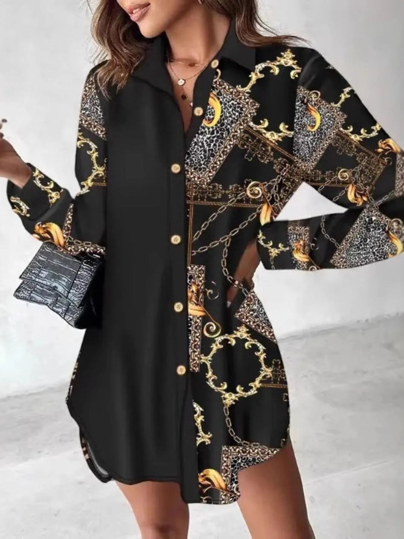 Printed Button Up Long Sleeve Shirt Dress - Velora Luxury Fashion