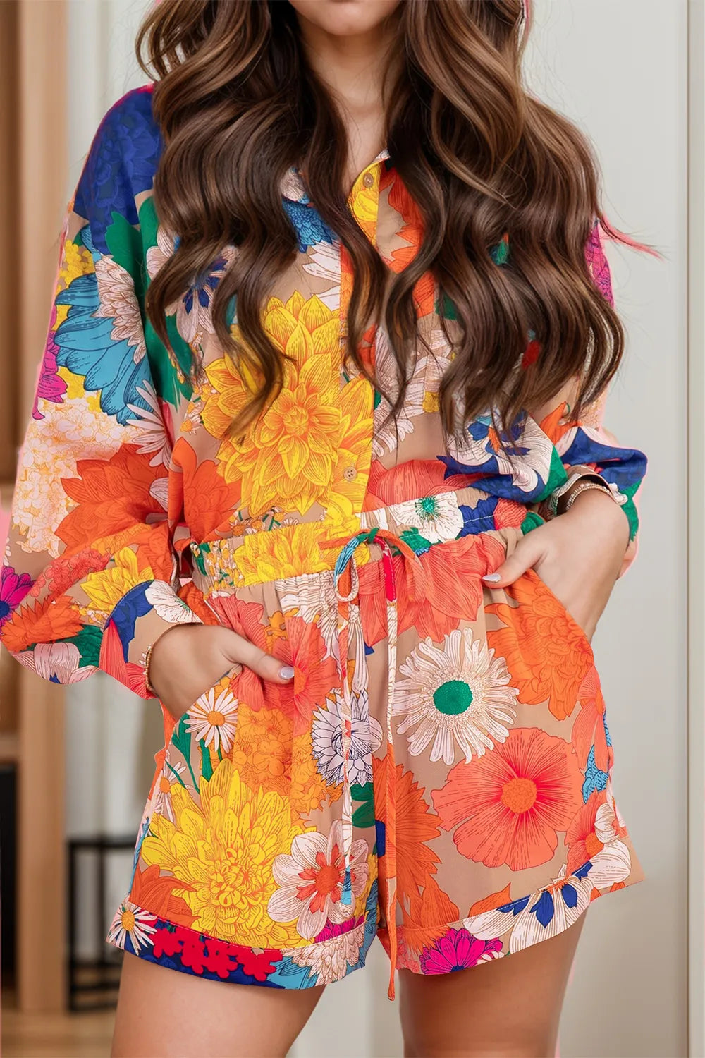Printed Button Up Long Sleeve Top and Shorts Set - Velora Luxury Fashion