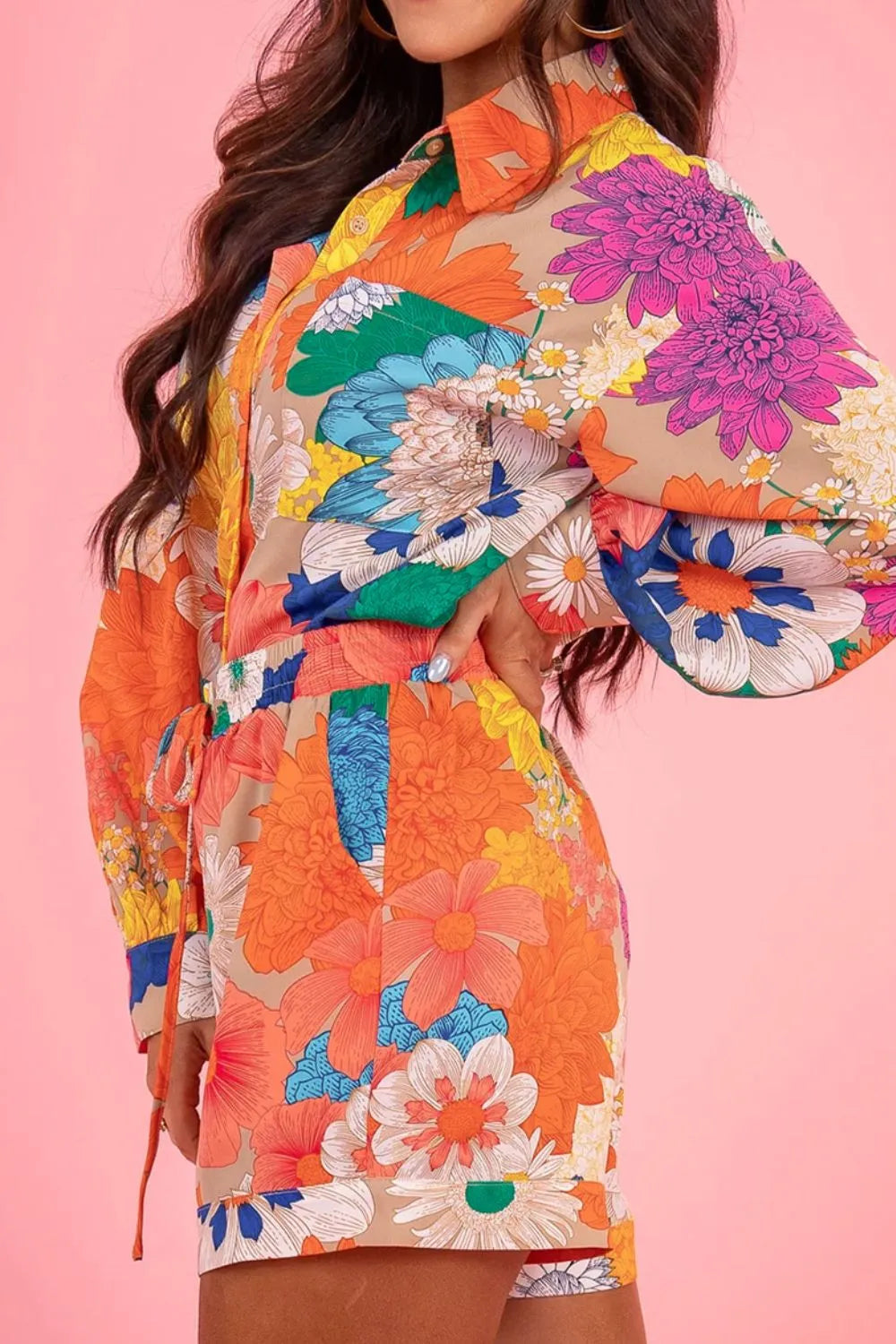 Printed Button Up Long Sleeve Top and Shorts Set - Velora Luxury Fashion