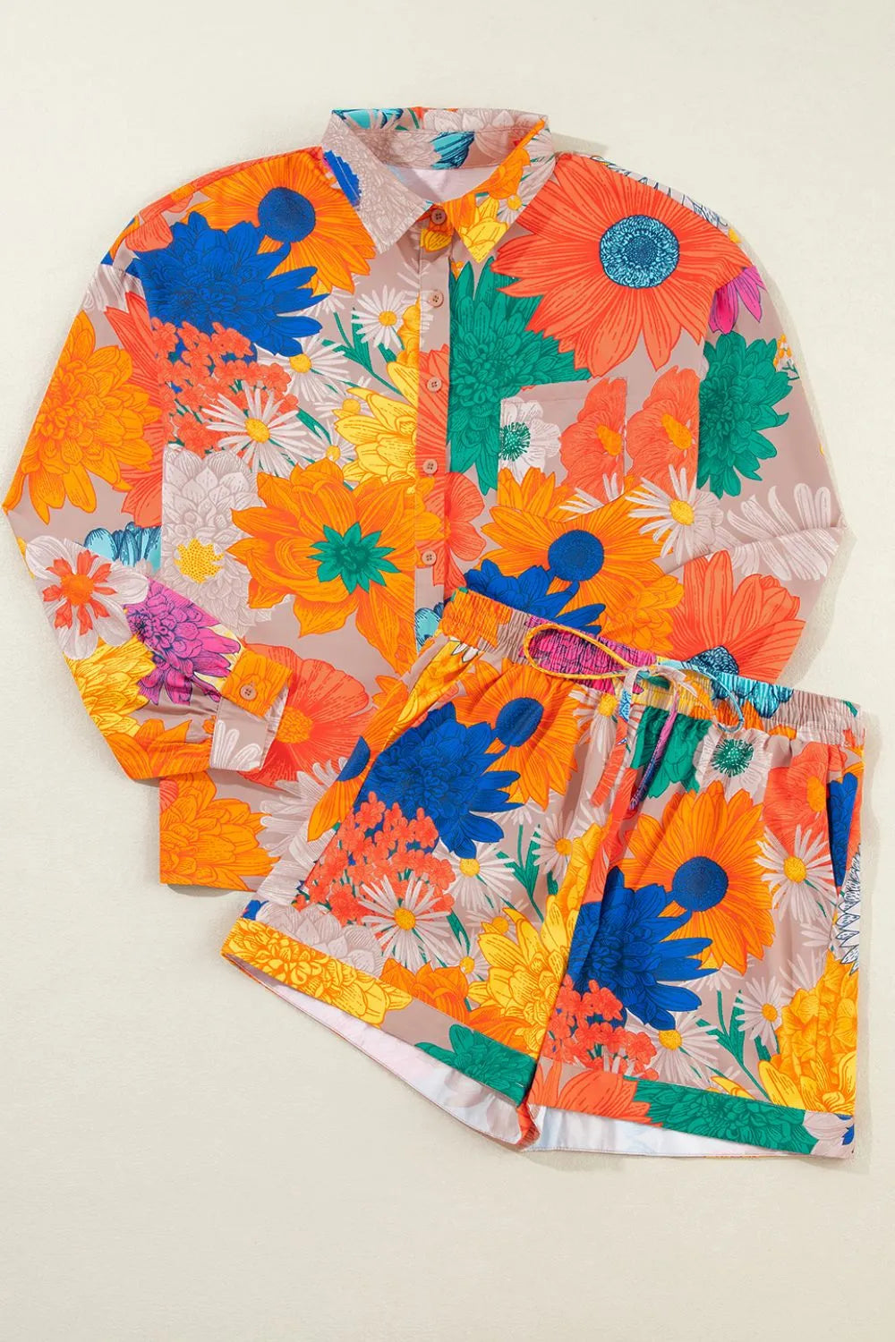 Printed Button Up Long Sleeve Top and Shorts Set - Velora Luxury Fashion