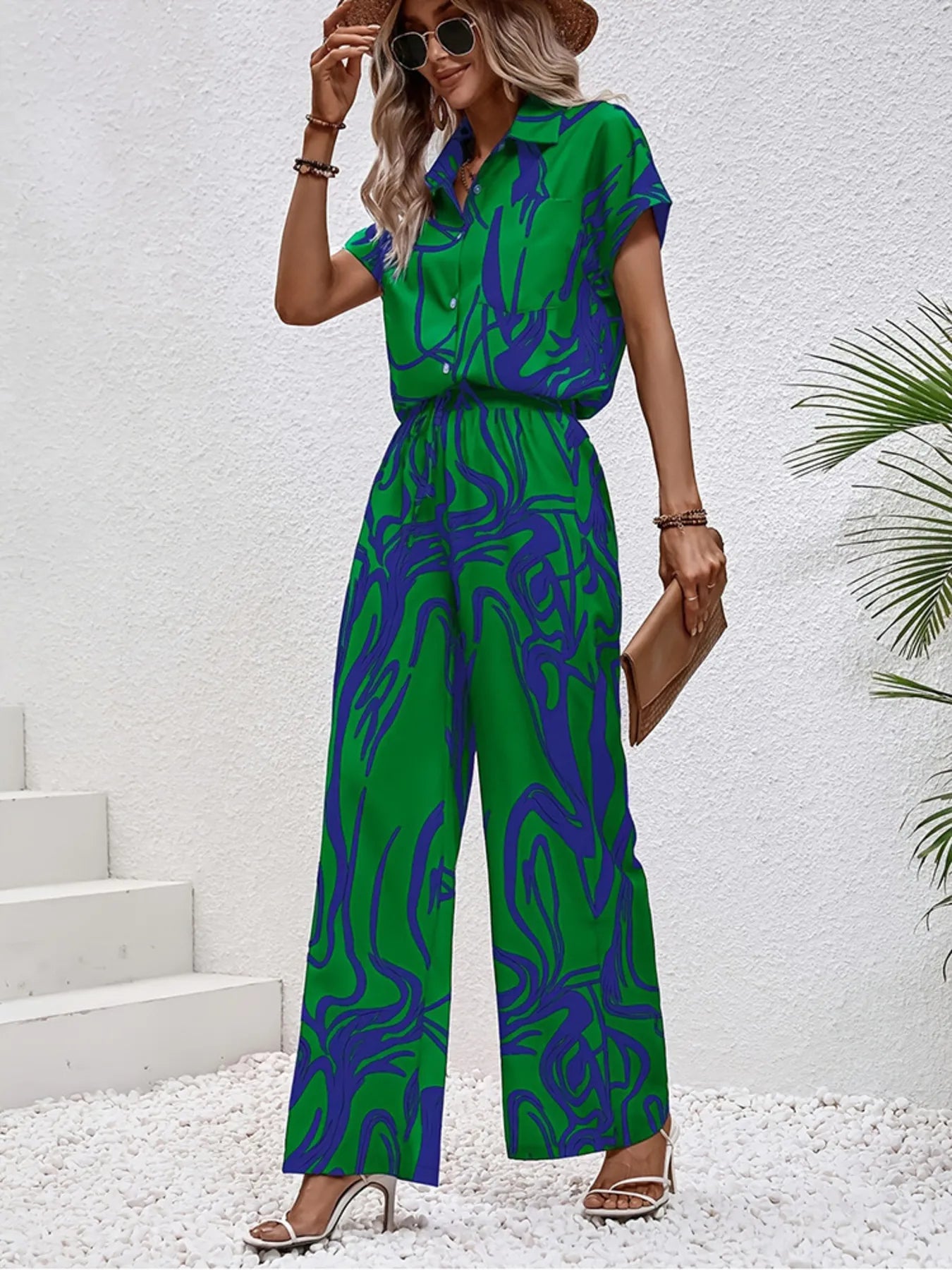Printed Button Up Shirt and Pants Set - Velora Luxury Fashion
